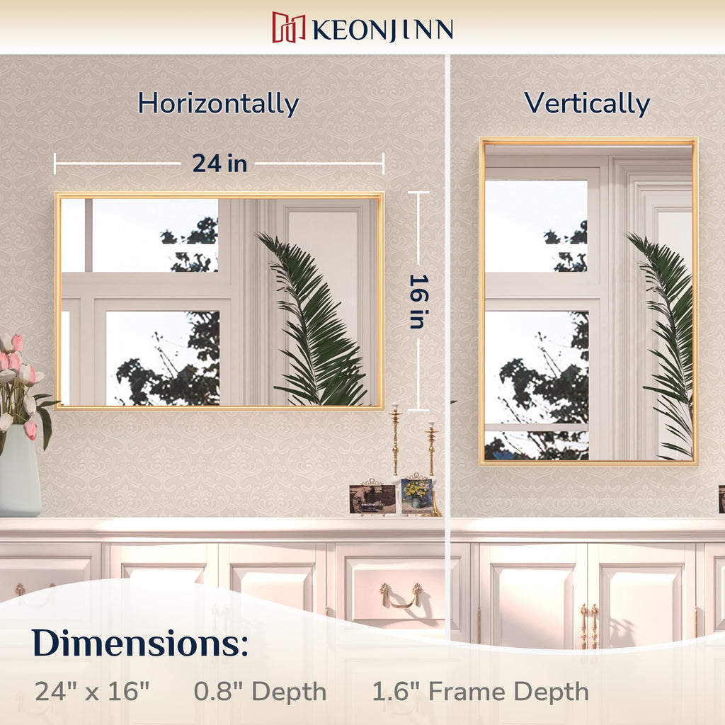 16 x 24 Inch Gold Bathroom Mirror for Vanity, Rectangular Wall Mirror Aluminum Alloy, Metal Frame Rectangle Modern