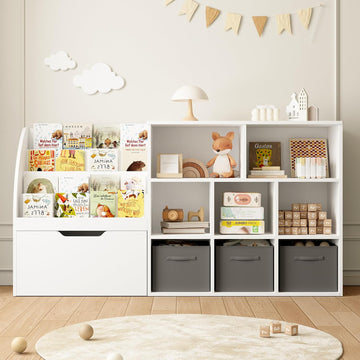 Kids Bookshelf and Toy Storage, 58.5'' Toy Storage Organizer with Movable Chests & 3 Storage Bins, Large Kids Reading
