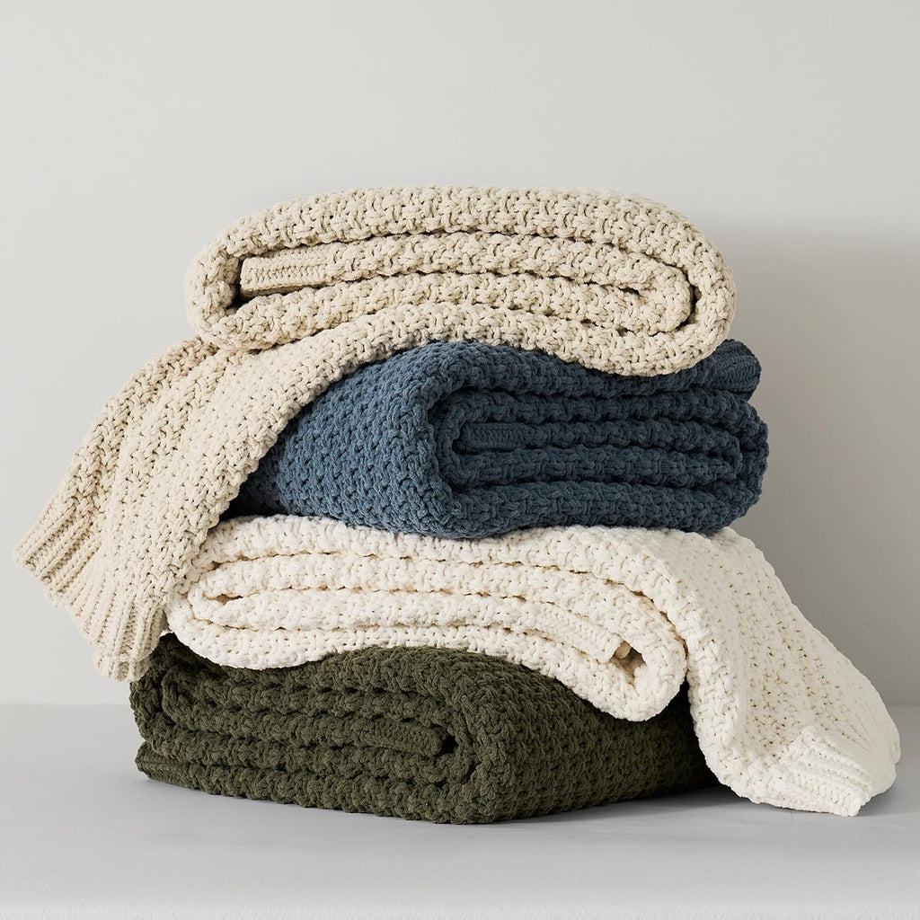 Chunky Chenille Knit Throw Blanket, Soft Luxurious Moss Stitch Blankets, Cozy Decorative Farmhouse Knitted Throws