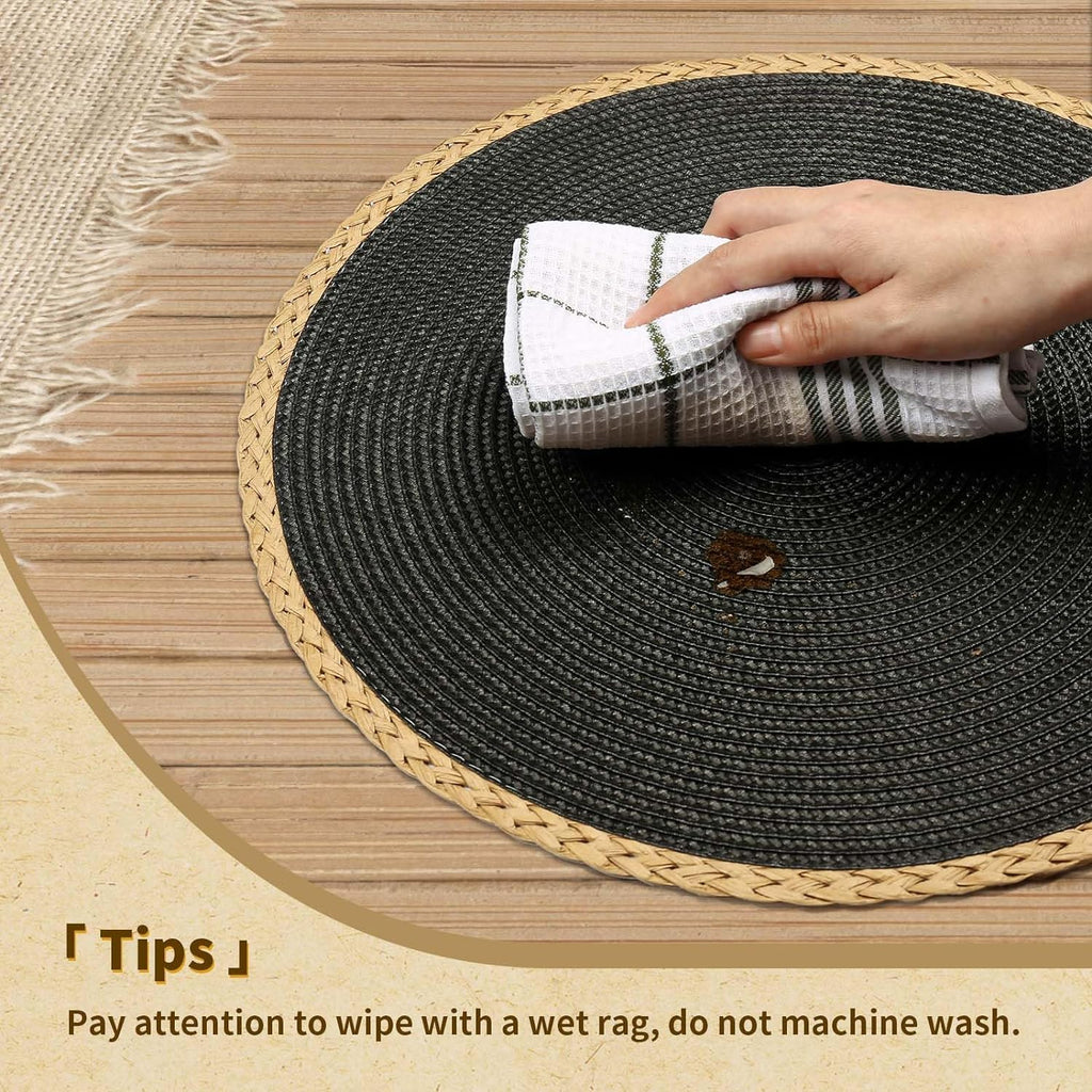 Round Placemats, Woven Table Mats, Thin Edge, Black - Set of 8