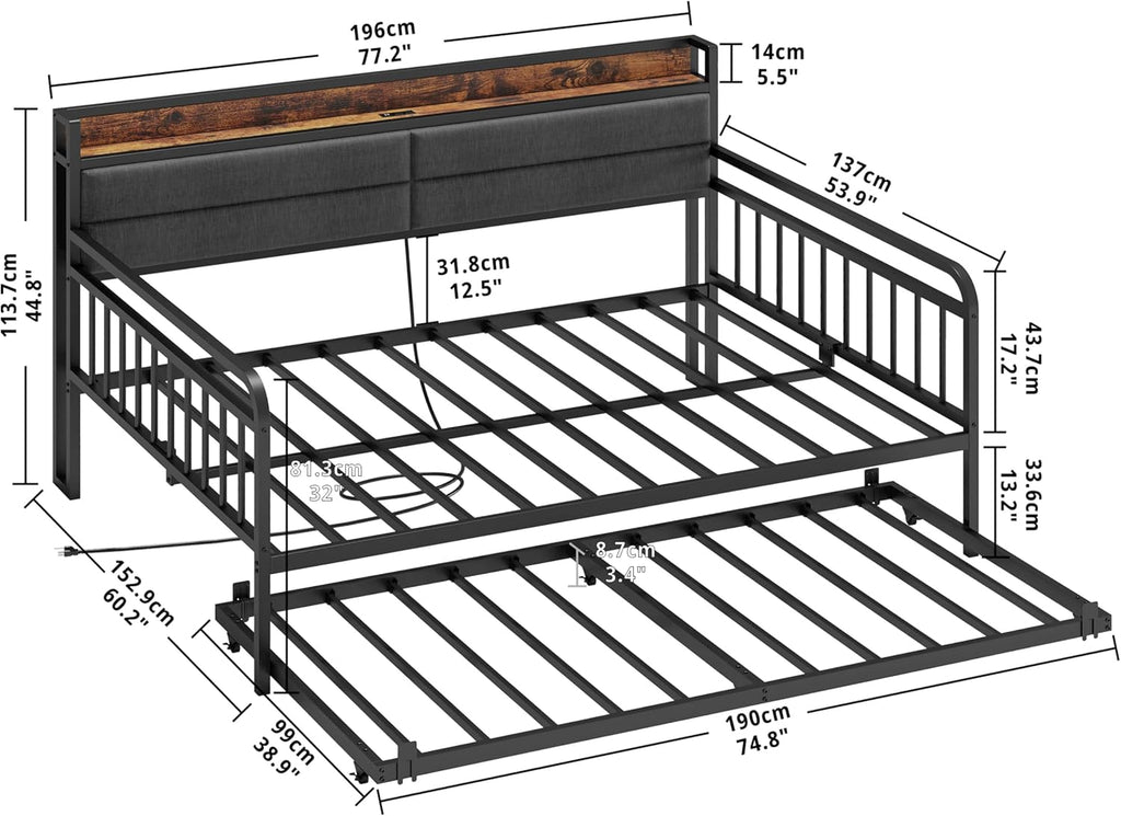 Daybed with Trundle, Full Size Bed Frame, Black | Sofa Day Bed with Upholstered Headboard and Charging Station and