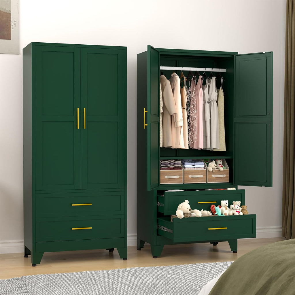 71" Wardrobe Cabinet with 2 Doors, 1 Adjustable Shelf and 2 Drawers | Metal Clothing Storage Cabinets with Hanging