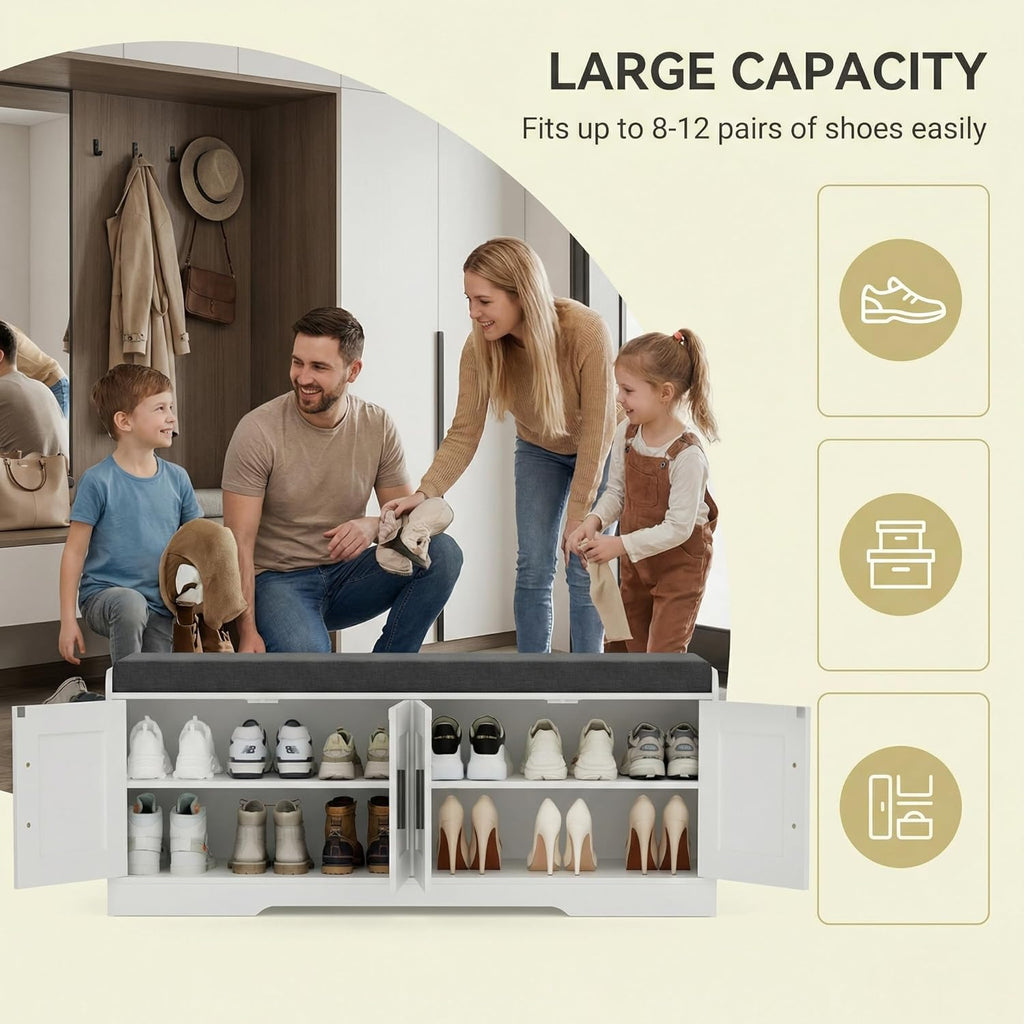 2-Tier Storage Bench, Shoe Bench with Thickened Padded Seat Cushion, Entryway Bench with 4 Doors, Adjustable Shelf