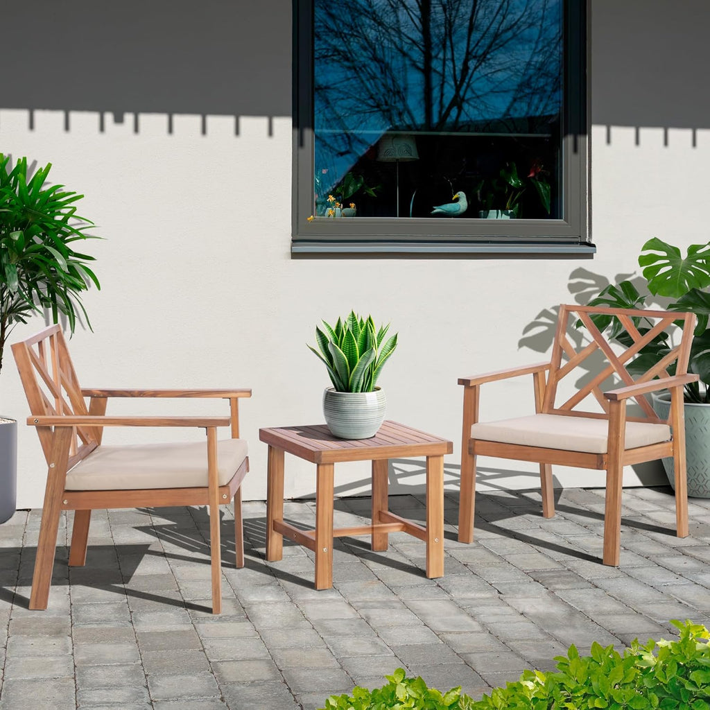 3 Piece Outdoor Patio Furniture Set, Wooden Conversation Patio Set with Padded Cushion Chairs and Coffee Table