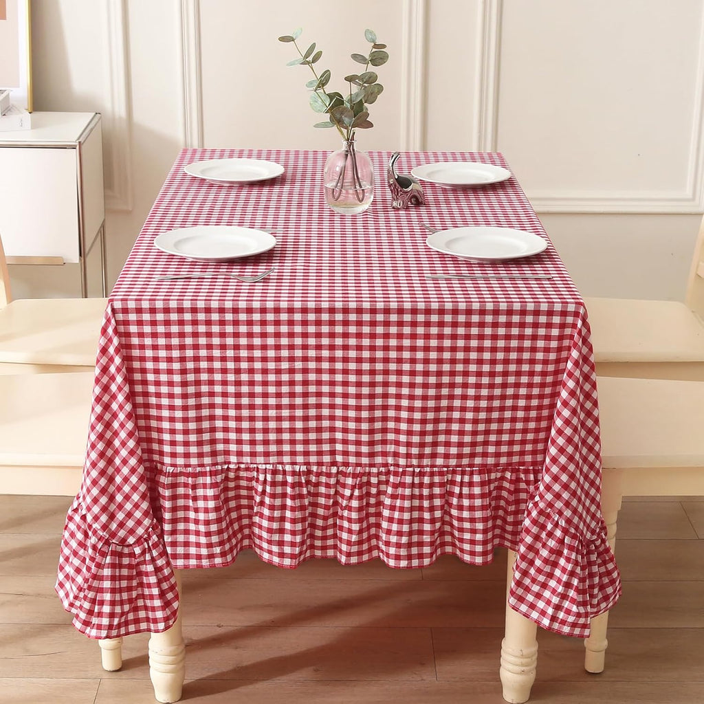 Red White Plaid Ruffled Table Cloth Rectangular for Seat 8-10, 100% Washed Cotton Buffet Cottage Coq