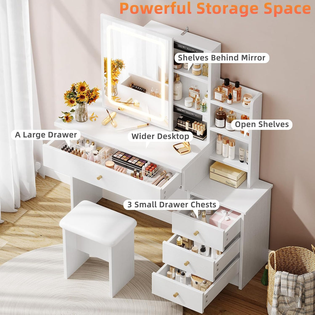 White Makeup Vanity Desk with Sliding Mirror & 4 Drawers | Smart LED Mirror, 3 Adjustable Lighting Modes, Vanity