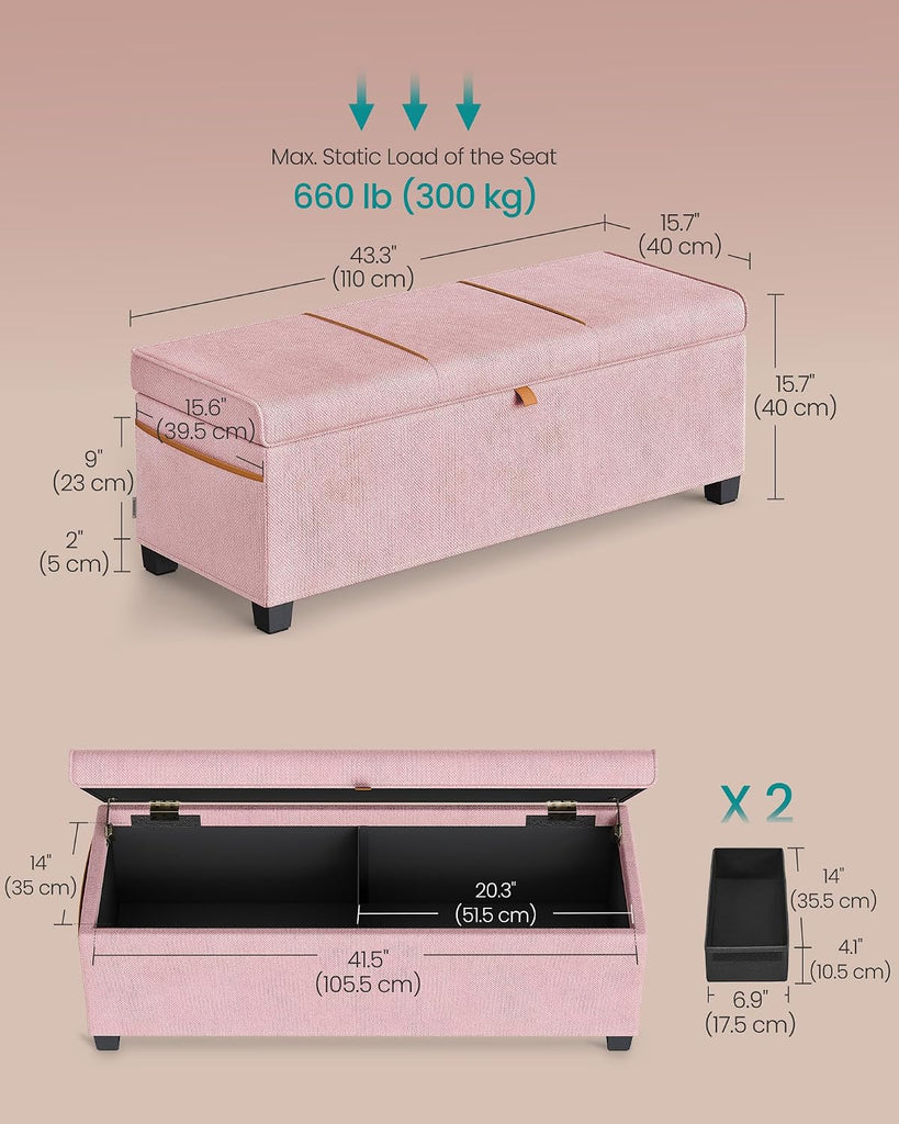 Storage Ottoman Bench, Storage Chest, 15.7 x 43.3 x 15.7 Inches, End of Bed Bench, 27 Gal. (103 L), Jelly Pink