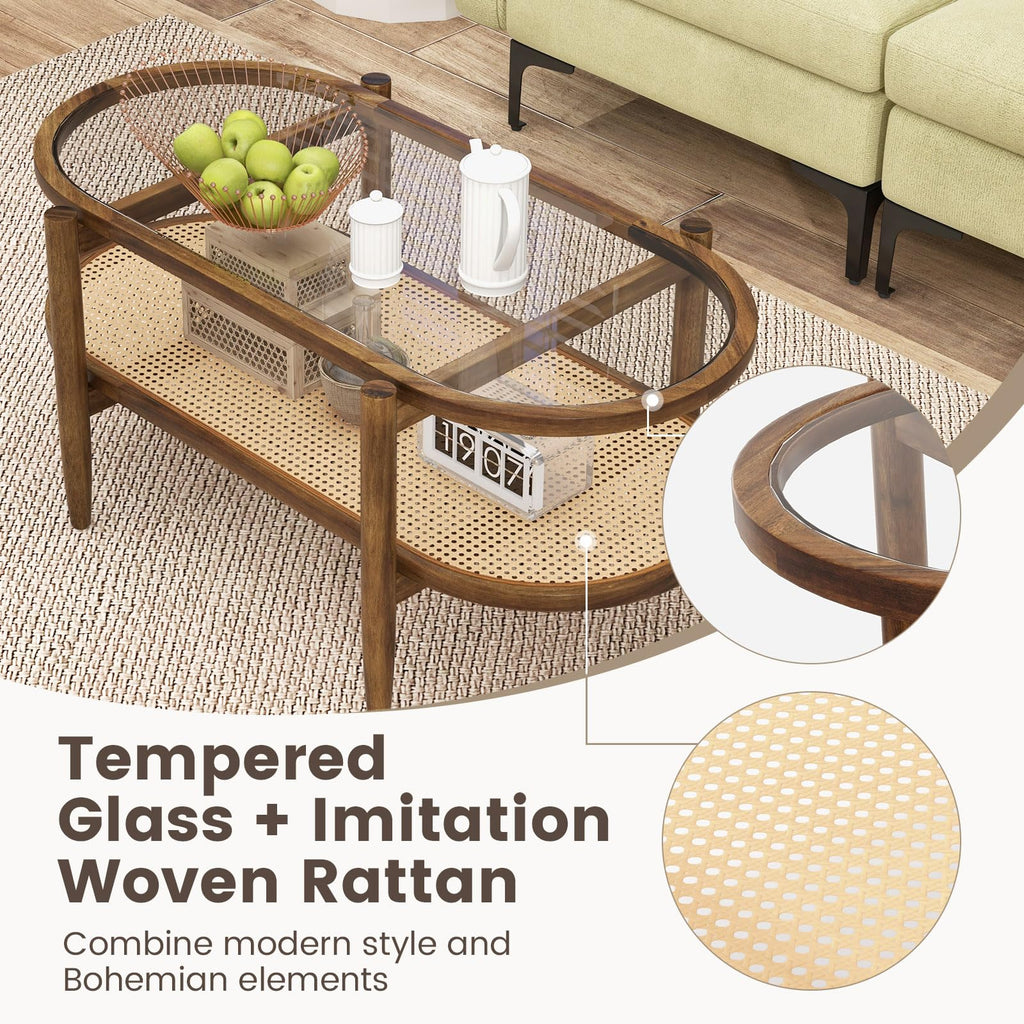 Boho Coffee Table, 2-Tier Center Table with Tempered Glass Tabletop & PE Rattan Storage Shelf, Mid Century Modern Tea