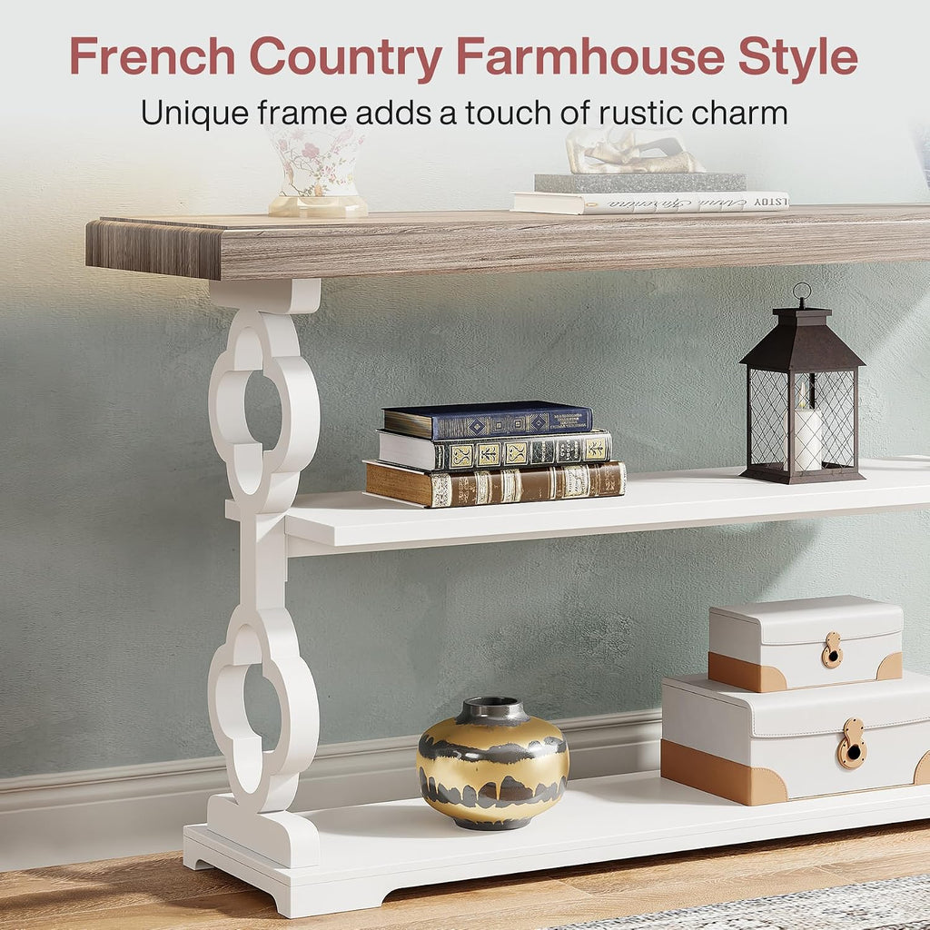 Farmhouse Console Table, 55 inch Long Sofa Table with Storage Shelves, 3 Tier Wood Accent Entry Table , Entrance