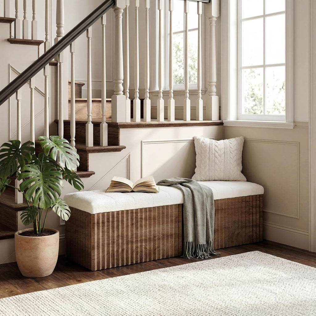 Upholstered End of Bed Storage Bench, 63" Farmhouse Wooden Entryway Bench with Cushion, Padded Ottoman with Shoe