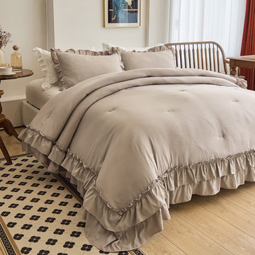 Taupe Comforters Set, Vintage Boho Chic Farmhouse Bedding Sets Shabby Ruffle Bed Comforter Bedding