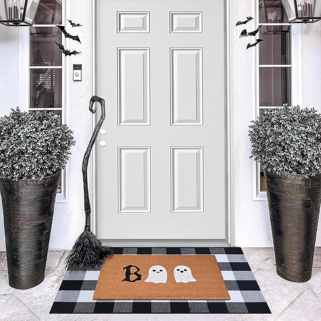 Halloween Door Mat Combo Set, Boo Ghost Coco Coir Welcome Doormat + 28" x 43" Black and White Plaid Rug, Autumn