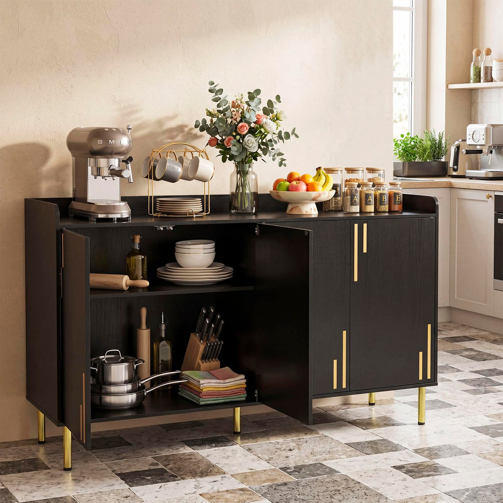 Kitchen Sideboard Buffet Cabinet with 4 Doors, 55" Long Kitchen Buffet Cabinet with 5 Gold Coated Metal Legs, Modern