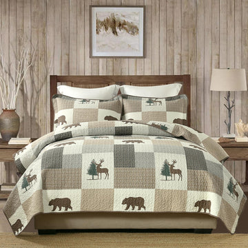 Quilts, 100% Cotton Quilt Set, Lodge Cabin Farmhouse Quilt, Brown Gray Beige Plaid Animal