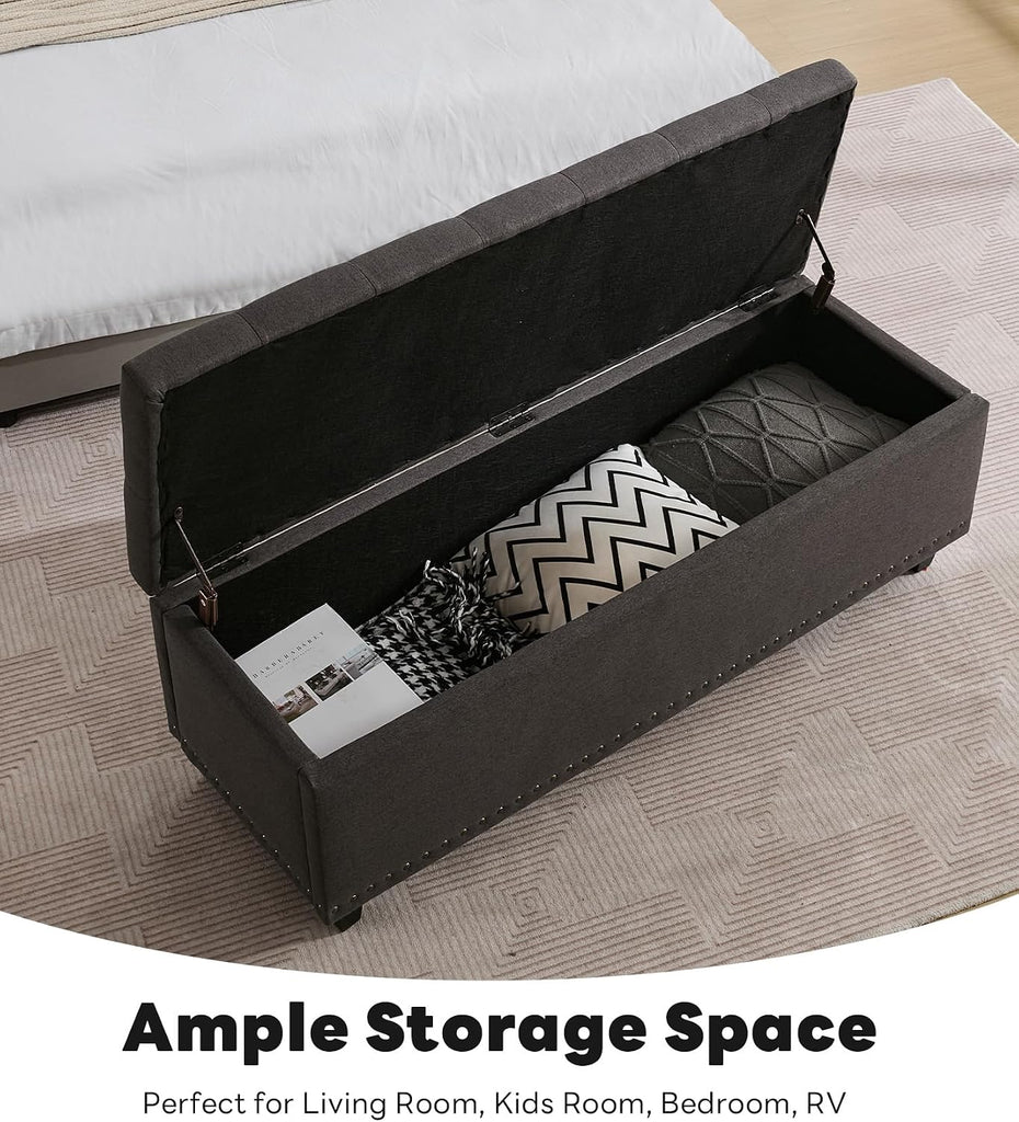 50.8" Ottoman With Storage, Storage Bench with Button-Tufted, End of Bed Storage Bench Safety Hinge with Rivets