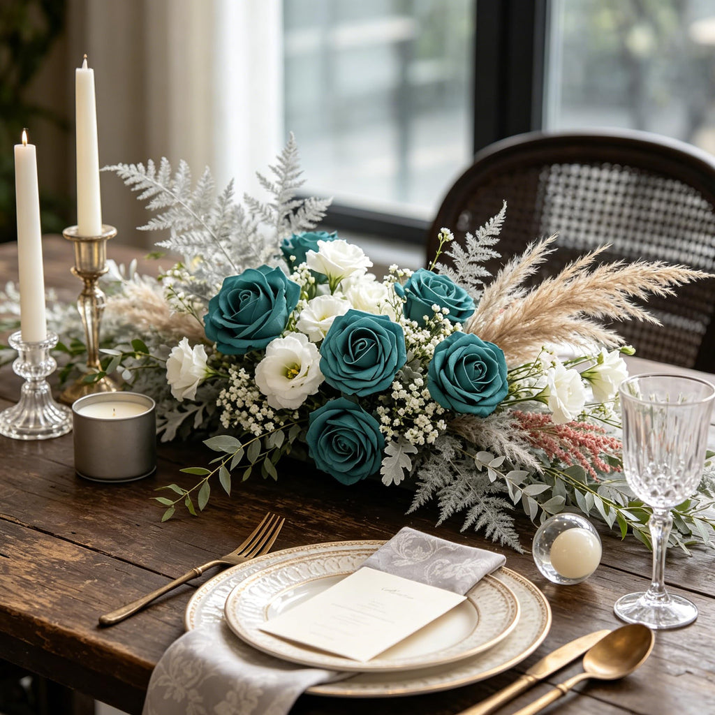 Artificial Flowers, 50pcs Dark Teal Artificial Rose for Bouquets