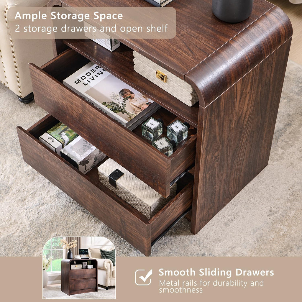 25" Tall Modern Nightstand with Charging Station, 23.6'' Wide Wood Bedside Table w/2 Storage Drawers, Large Mid
