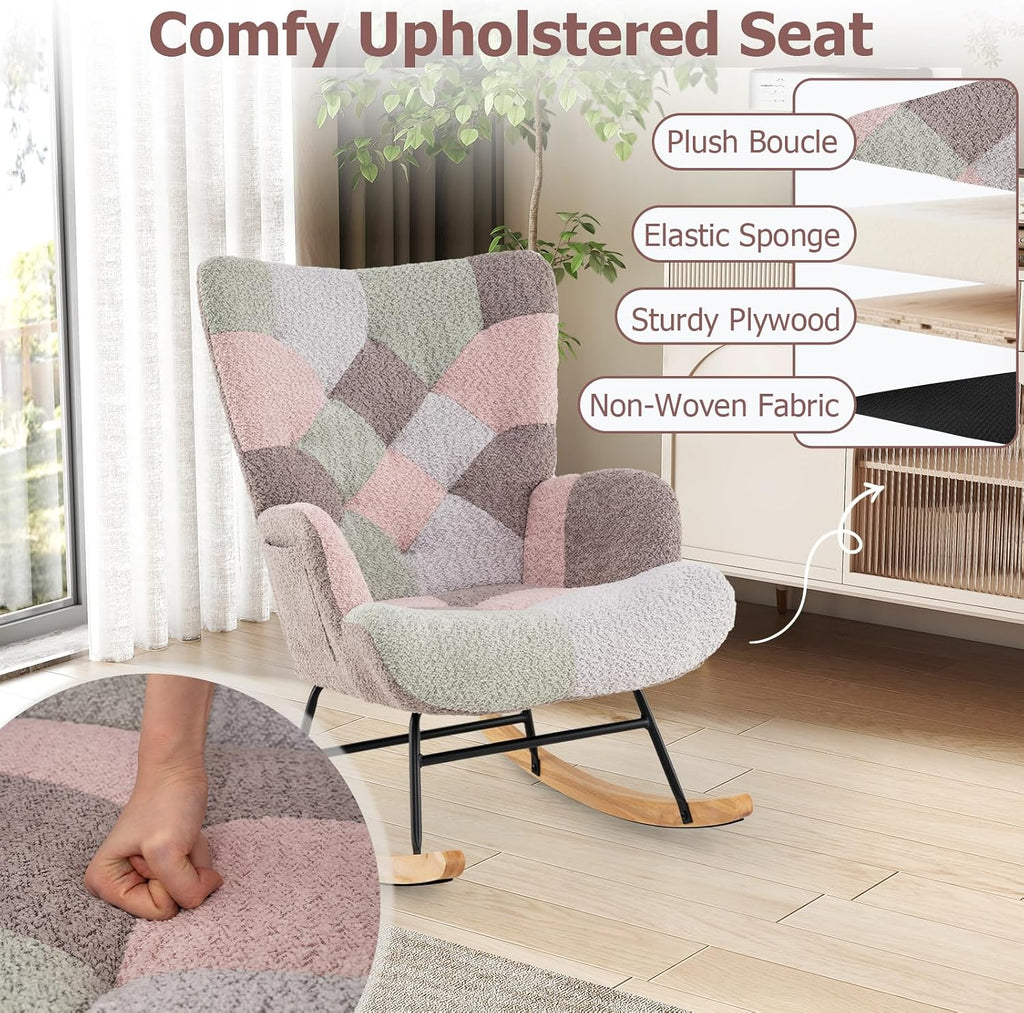 Rocking Chair Nursery, Boucle Upholstered Glider Rocker w/Ergonomic High Backrest, Rubber Wood Legs & Side Pocket