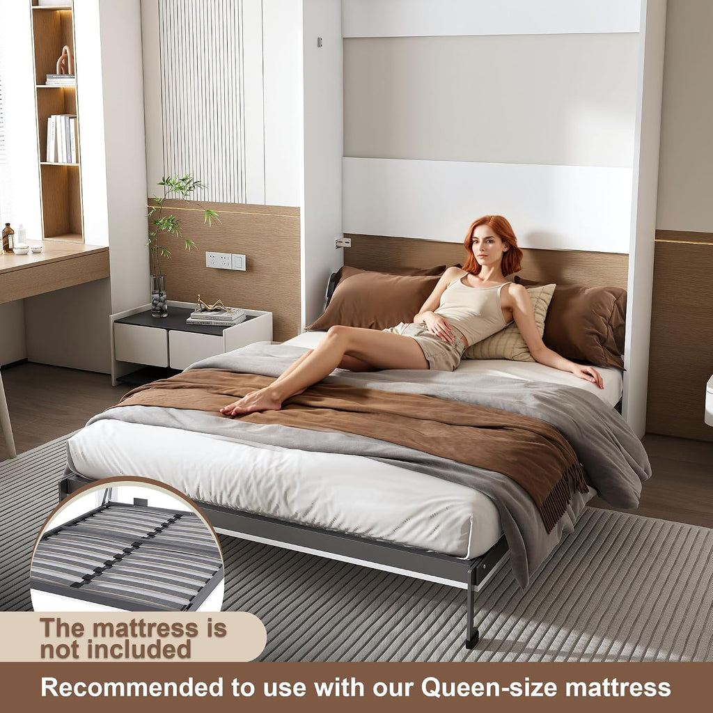 Queen Murphy Bed Chest, Space Saving Folding Cabinet Wall Bed Frame, Foldable Hideaway Cabinets Platform Beds Frames
