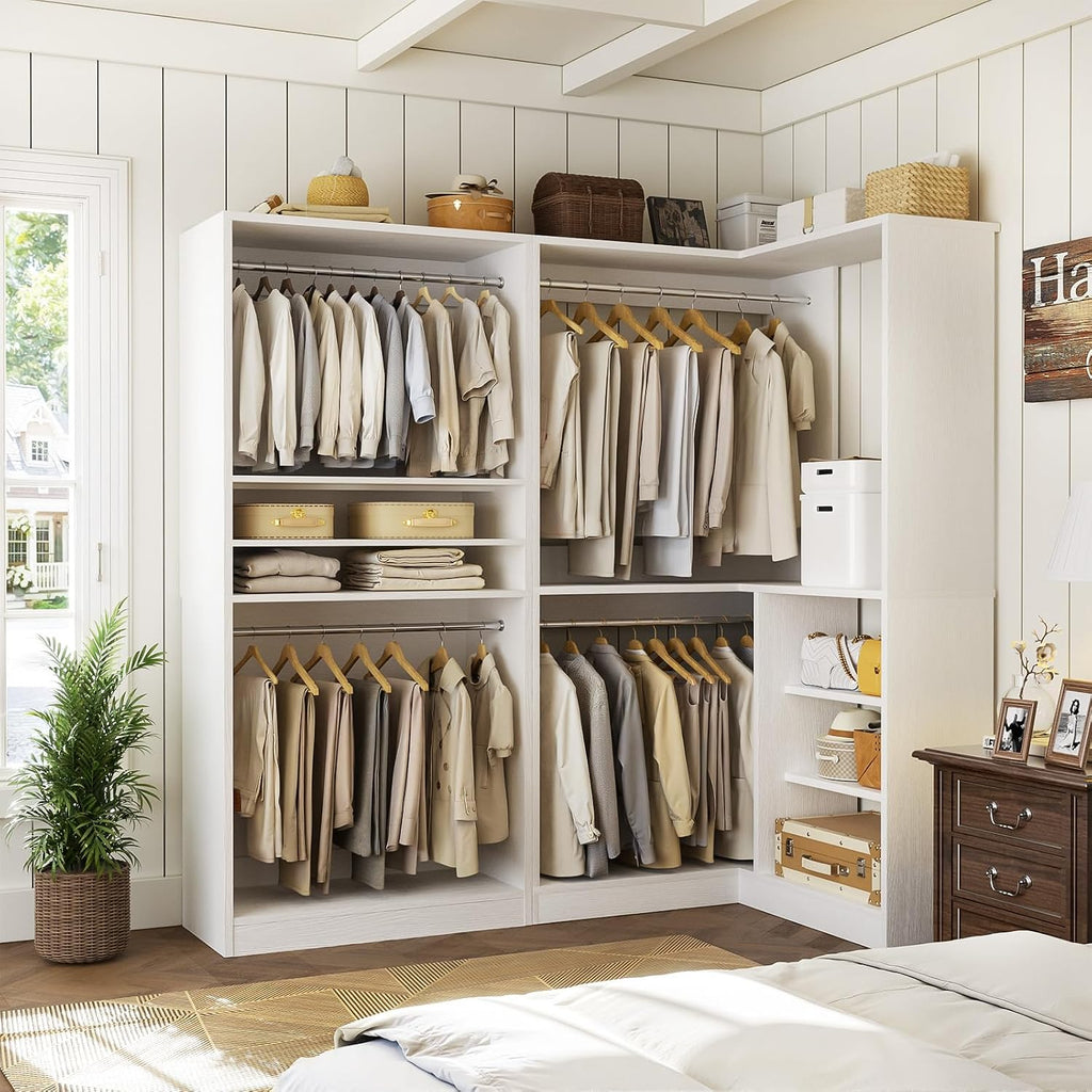 Corner Closet System, 72" L-Shaped Closet Organizer with 4 Hanging Rods, Heavy Duty Wood Garment Rack with Shelves