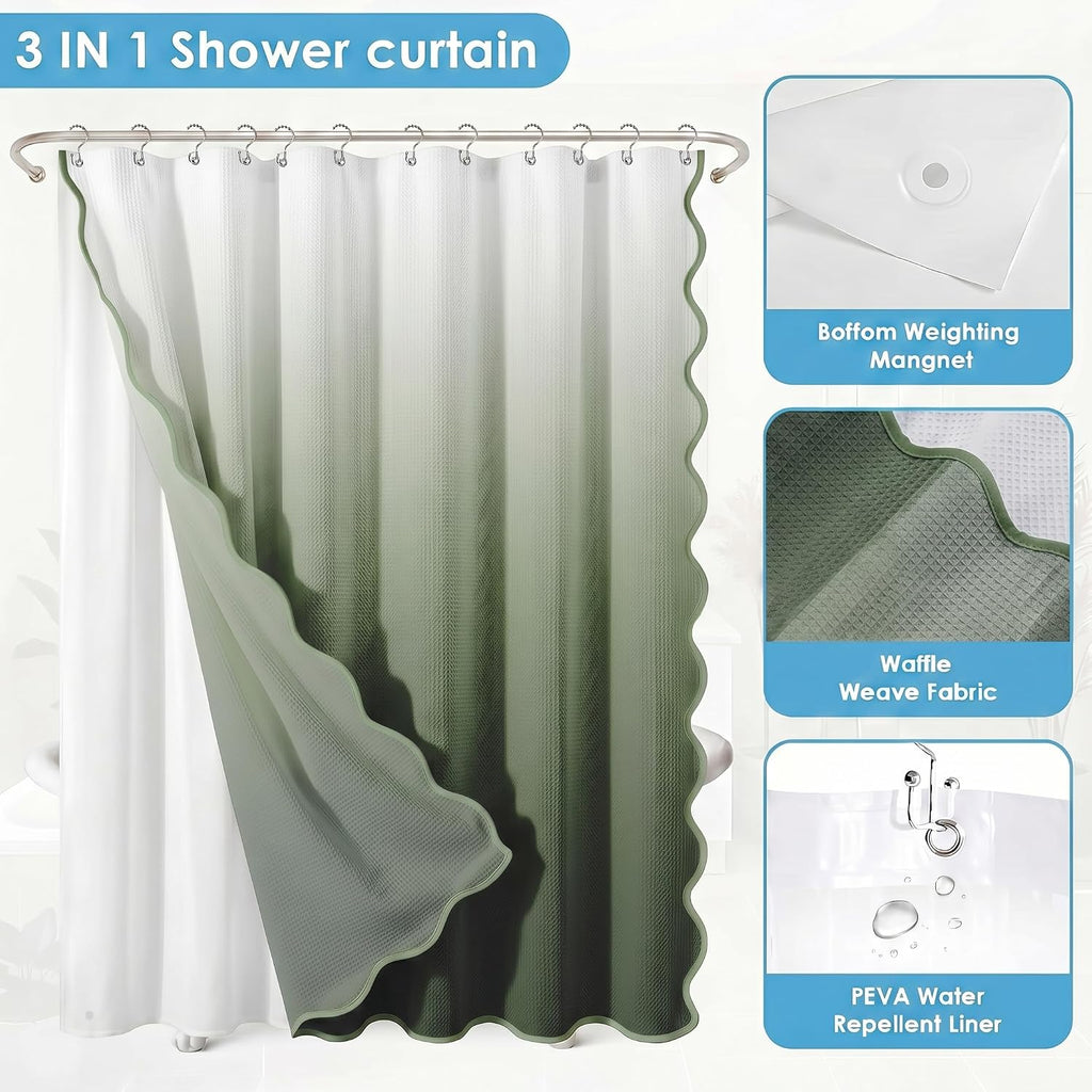 Scalloped Shower Curtain with PEVA Liner Set, Ombre Sage Green Modern 3 in 1 Heavy Duty Waffle Weave Waterproof