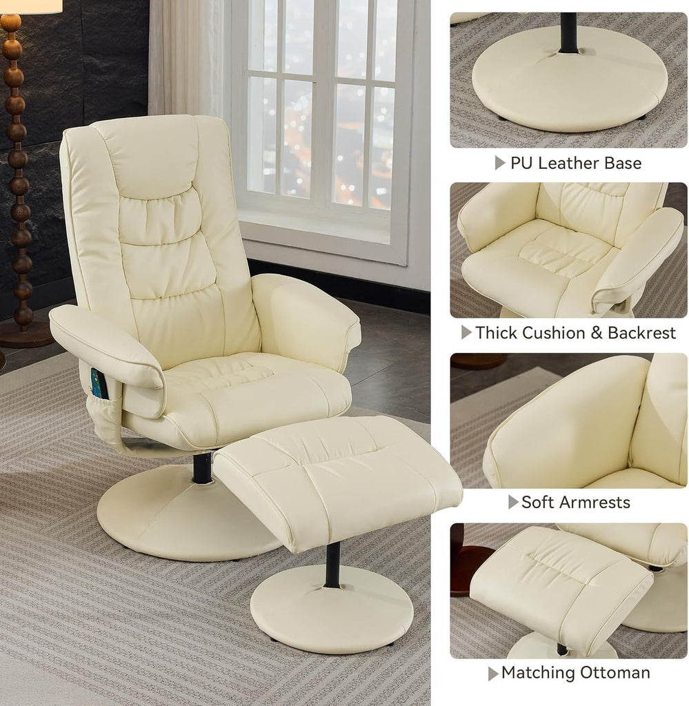 Modern Reclining Swivel Lounge Chair and Ottoman — Beige PU Leather