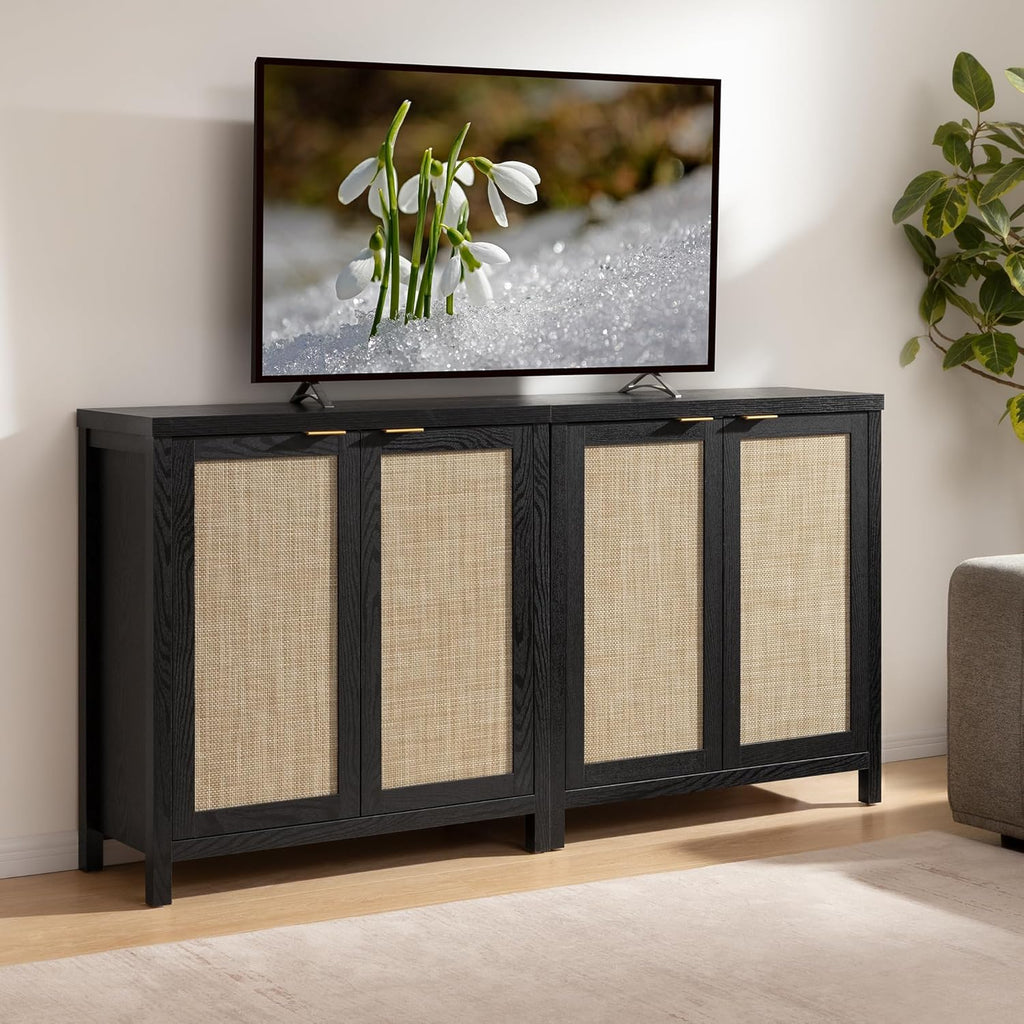 Sideboard Buffet Storage Cabinet - Boho Rattan Credenza Coffee Bar Cabinet with Large Storage