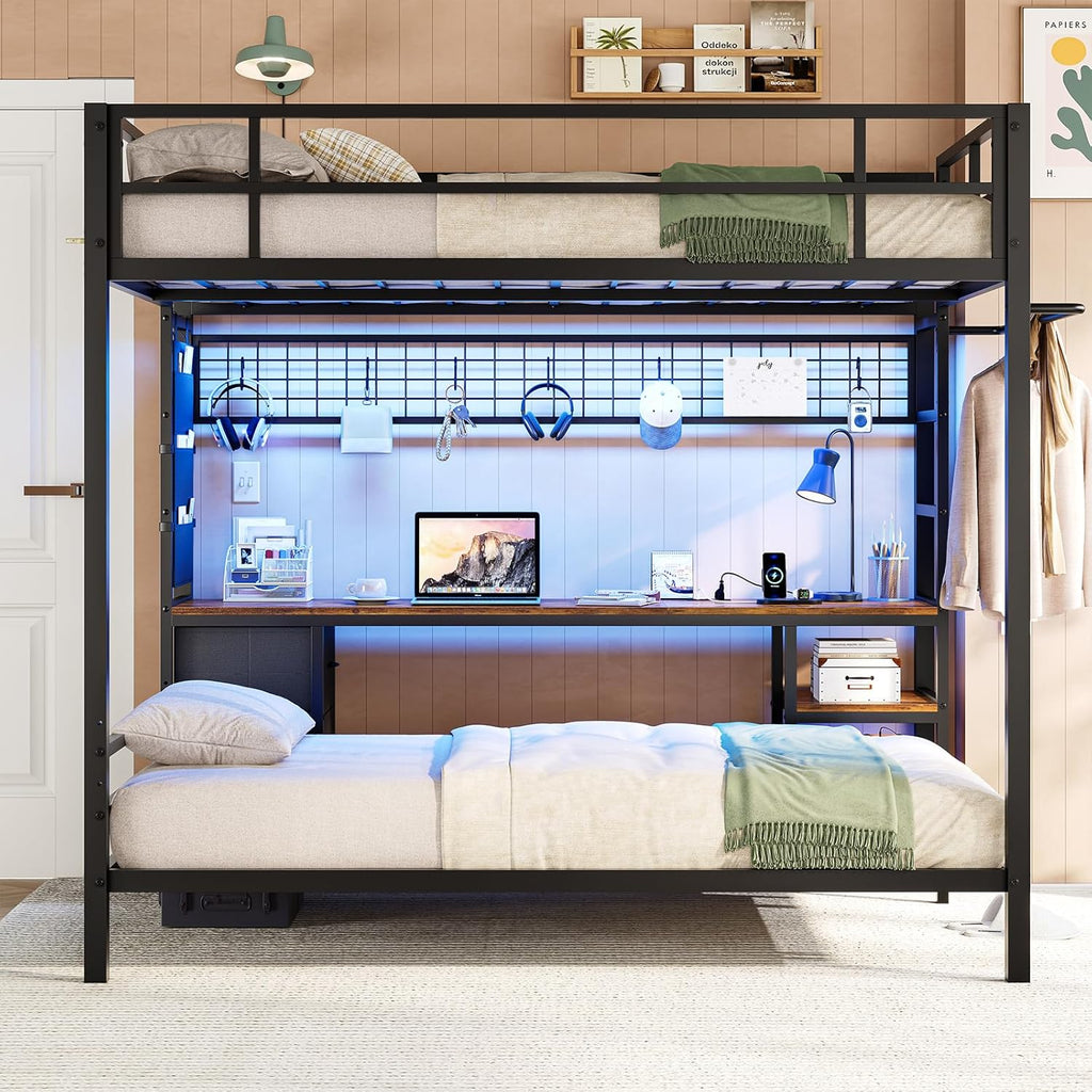 Full Over Twin Bunk Bed with Desk and Charging Station Metal Full Over Twin Bunk Bed with Led Lights,Storage Shelves