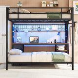 Full Over Twin Bunk Bed with Desk and Charging Station Metal Full Over Twin Bunk Bed with Led Lights,Storage Shelves