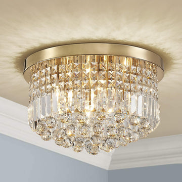Modern K9 Crystal Raindrop Chandelier Lighting, Flush Mount Ceiling Light, Perfect for Dining Room Bathroom Bedroom Livingroom, 9 x E12 Bulbs, H11 x D20, Clear Crystal & Brass Canopy