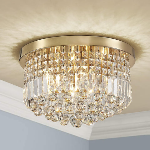 Modern K9 Crystal Raindrop Chandelier Lighting, Flush Mount Ceiling Light, Perfect for Dining Room Bathroom Bedroom Livingroom, 9 x E12 Bulbs, H11 x D20, Clear Crystal & Brass Canopy A100-B09DFNRNN4