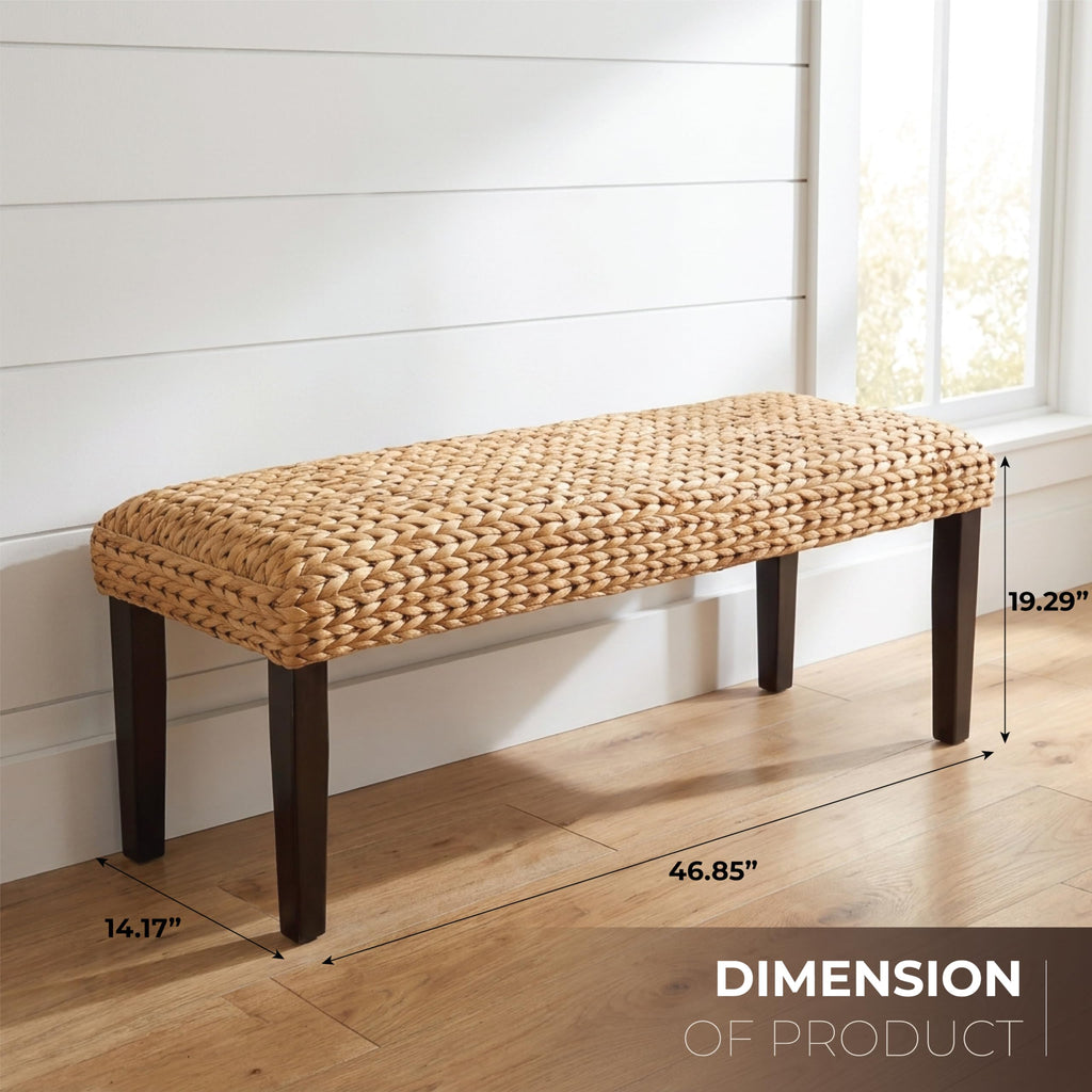 Solid Acacia Wood Entryway Bench with Water Hyacinth Woven Seat, Black Leg