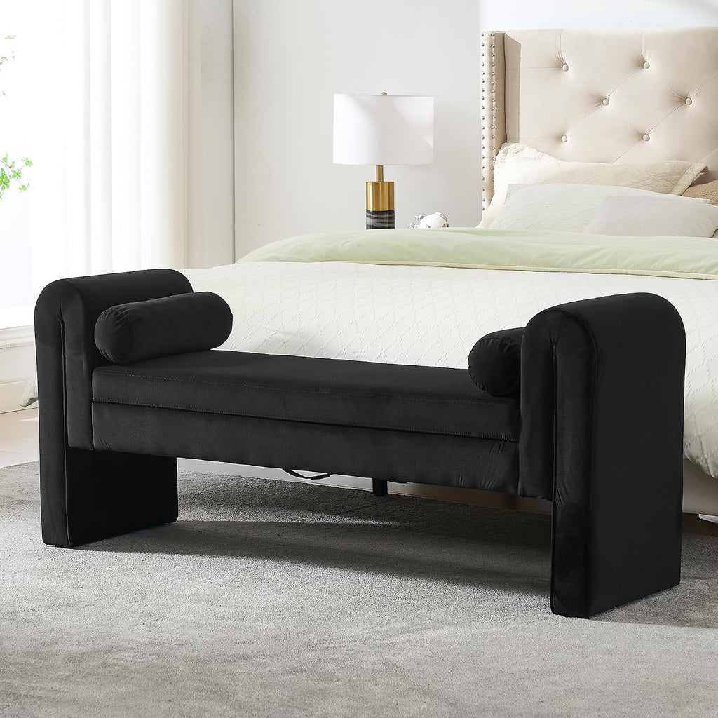 Velvet Bench End of Bed, 60.5- inch Upholstered Button Tufted Ottoman Bench with Rolled Arms, Button-Tufted Ottoman