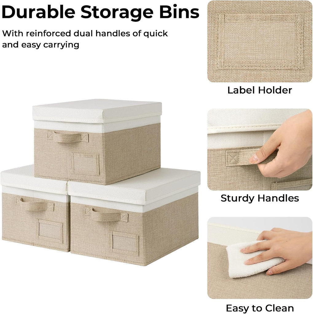Storage Basket with Lid, Linen Fabric Storage Bins with Label, Decorative Storage Boxes, Clothes Storage and