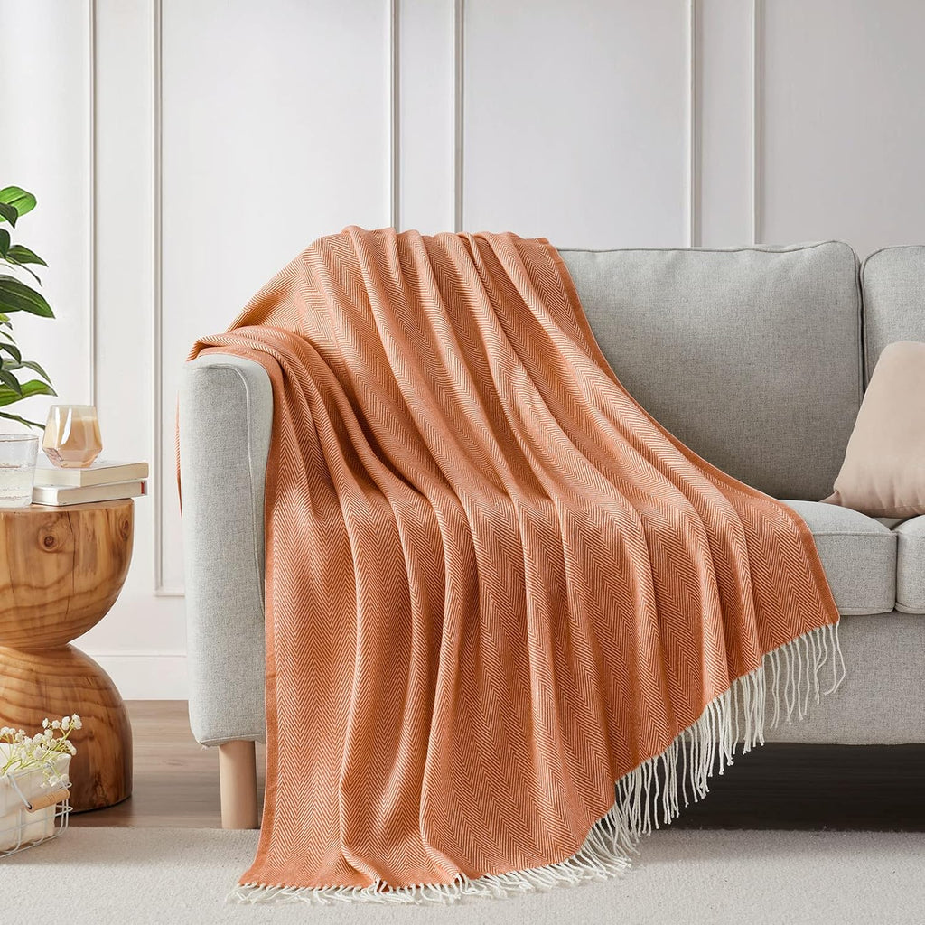 Decorative Herringbone Faux Cashmere Fringe Throw Blanket Lightweight Soft Cozy, 50" x 60" Orange