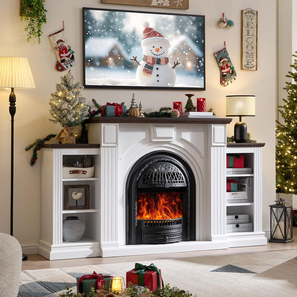76 Inch Farmhouse Electric Fireplace TV Stand with Mantel, Entertainment Center for TVs up to 90 Inches, Media Console with 30 Inch Fireplace Insert Heater for Living Room or Bedroom