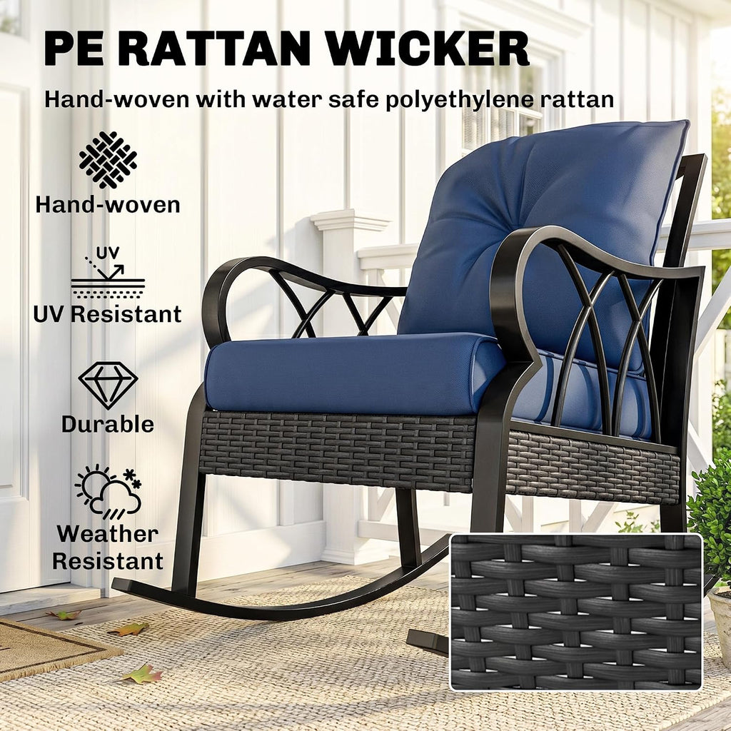 Outdoor Wicker Rocking Chair Padded Cushions Aluminum Navy Blue | Furniture Rattan Porch Rocker Chair, Armrest