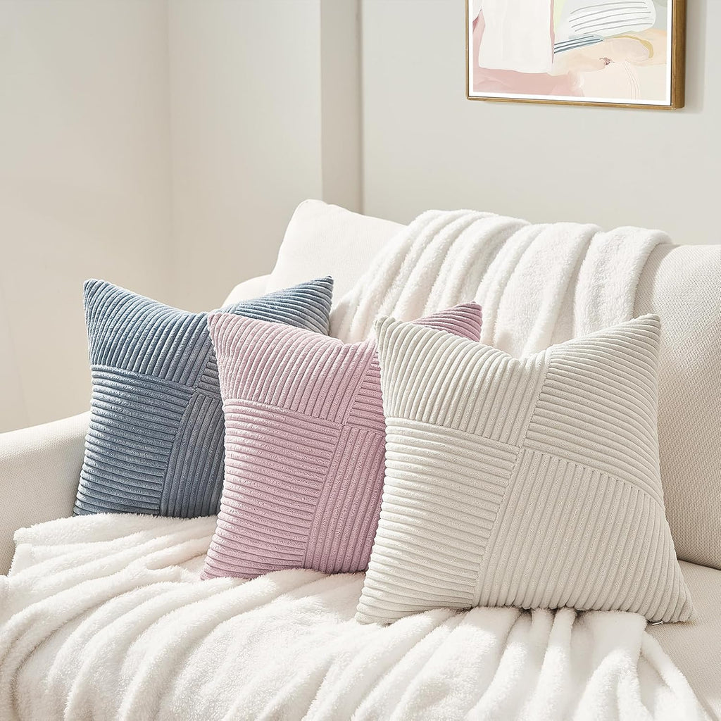 Cream White Decorative Neutral Throw Pillow Covers 18x18 Inch, Soft Corduroy Striped Patchwork Windmill Textured