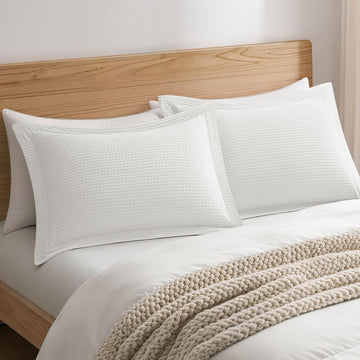 100% Cotton Waffle Pillow Shams with Flange 20" x 26", 2 Packs, White