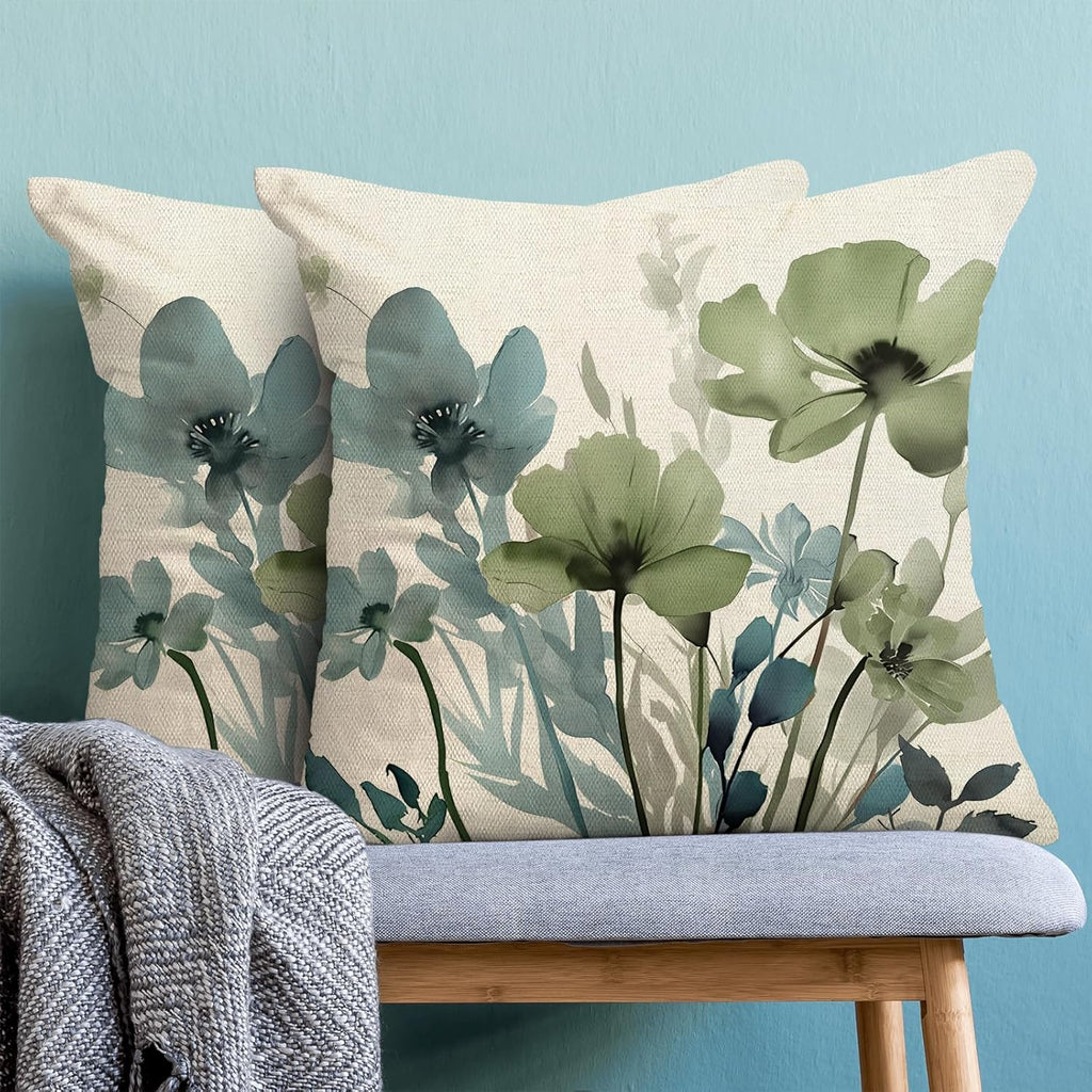 Spring Floral Pillow Covers 18x18 Inches Set of 2 Sage Green Blue Floral Throw Pillow Covers Outdoor Rustic Summer