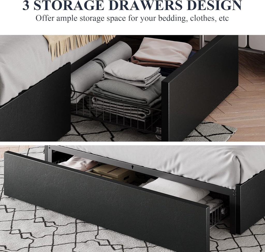 Full Platform Bed Frame with 3 Storage Drawers, Faux Leather Upholstered, Wooden Slats Support, No Box Spring Needed