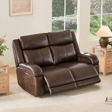 Genuine Leather Power Loveseat Recliner Sofa, 2 Seat Wall Hugger Reclining Sofa with Power Headrest & Charging Ports