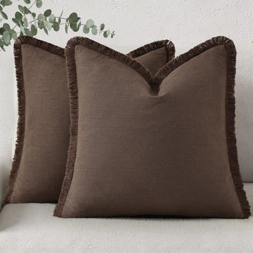 Linen Fringe Chocolate Throw Pillow Covers 16x16 Set of 2