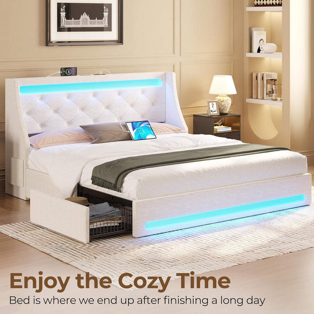 Queen Bed Frame with LED Lights and Charging Station, Upholstered Bed with Drawers, Wooden Slats, Noise Free