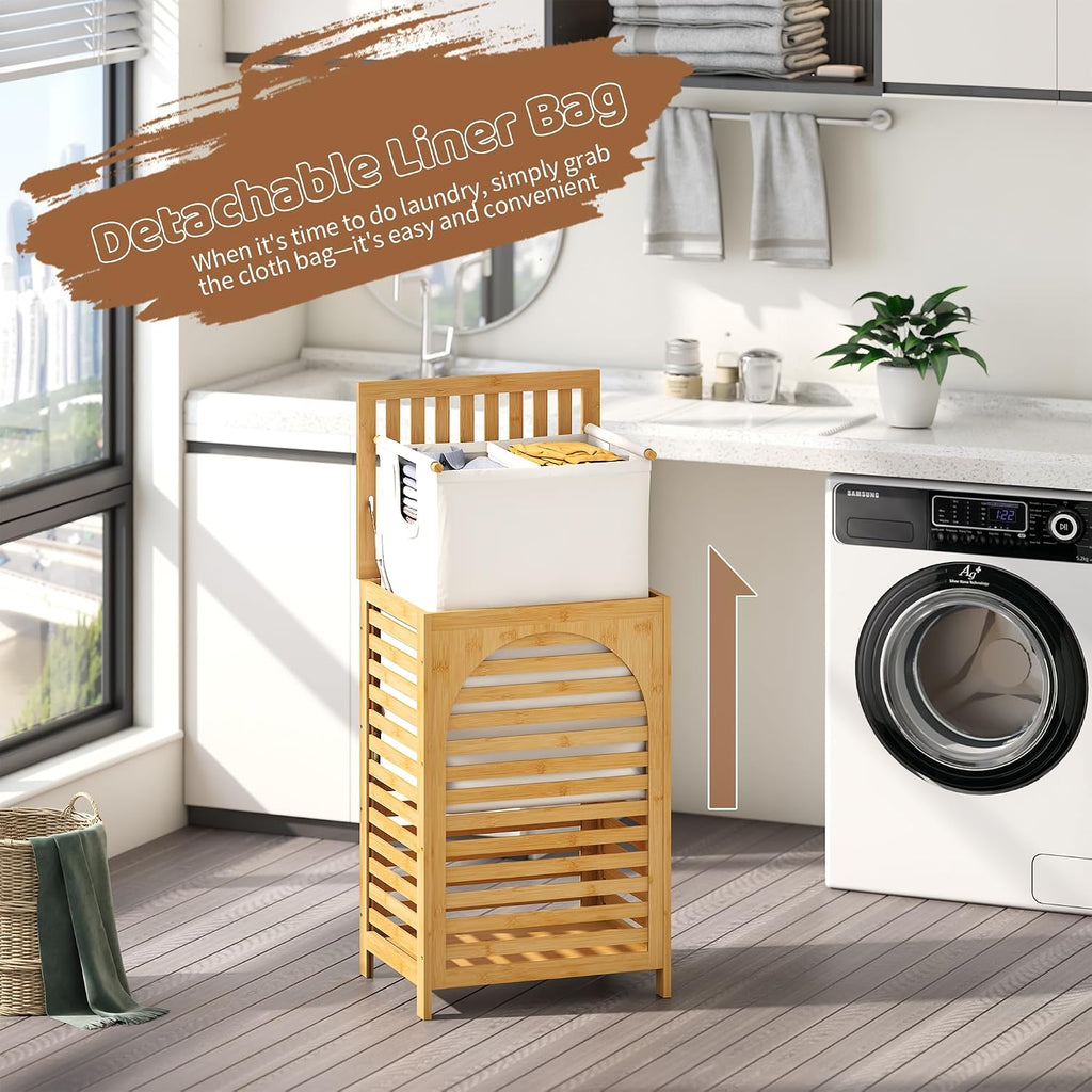 Laundry Hamper with Lid (16.9 * 13 * 26.5inches) Large Bamboo Laundry Bin Basket 85L Clothes Hamper with 1 Removable
