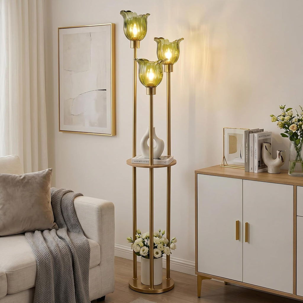 Modern Gold Floor Lamp with 3 Crystal Shades and Shelves, 3-Light Standing Lamp with Foot Switch, FWGGEEN02