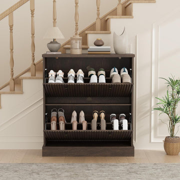 Fluted Shoe Cabinet with 2 Flip Drawers, Narrow Cabinet with Adjustable Shelves and Elegant Handles, Wooden Shoe