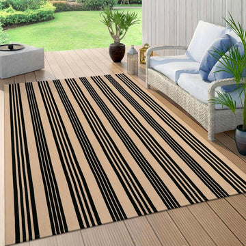 Outdoor Patio Rug 5'x7', Black and Tan Striped Outdoor Rugs Fall Decor