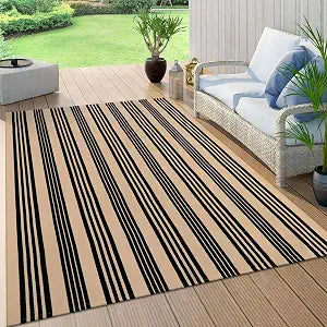 Outdoor Patio Rug 5'x7', Black and Tan Striped Outdoor Rugs Fall Decor