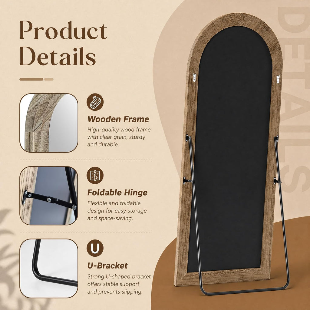 Full Length Mirror 71" x 30", Arched Large Floor Mirror with Solid Wood Frame, Freestanding & Wall Mounted